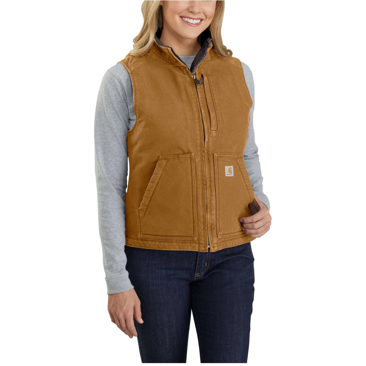 Luźny krój, kamizelka z golfem, podszyta spranym materiałem Sherpa