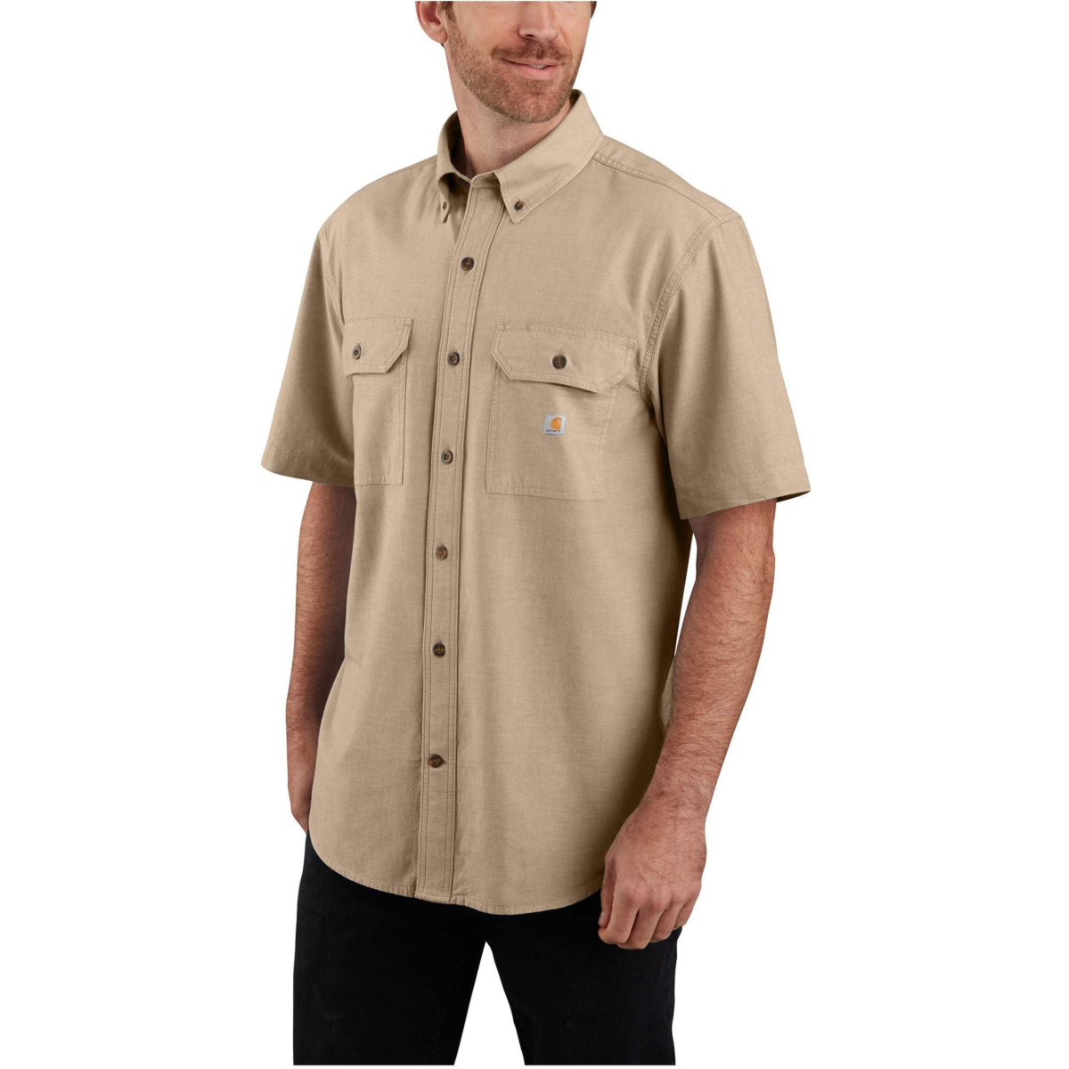 Luźna koszula z krótkim rękawem z materiału chambray o średniej grubości